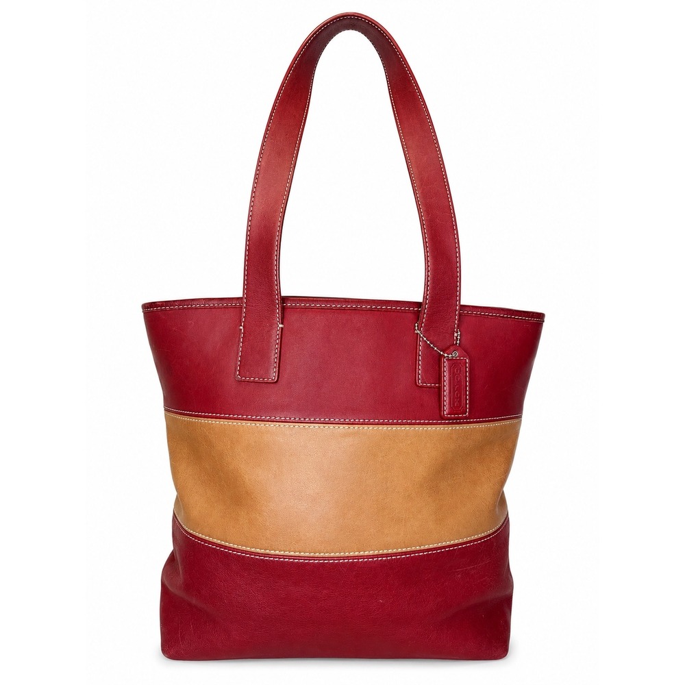 Coach Hampton Red Tan Leather Stripe Tote Bag